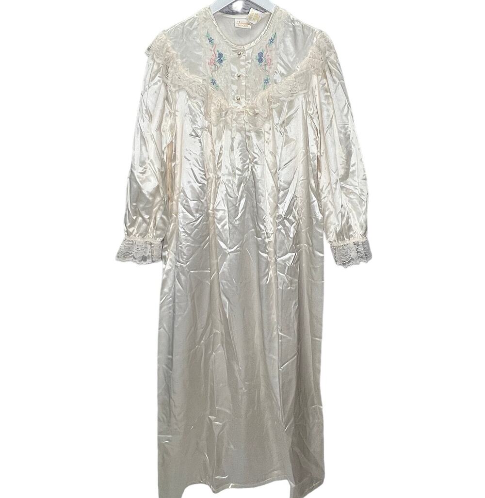 Vintage Intimate Moods Satin Fleece Lined Nightgown Size M Ivory White Long